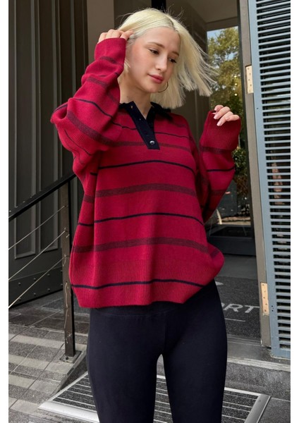 Bordo Çizgili Polo Yaka Kadın Kazak MG2476