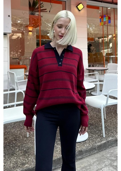 Bordo Çizgili Polo Yaka Kadın Kazak MG2476 fiyatları