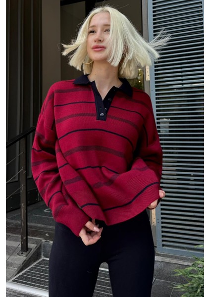 Bordo Çizgili Polo Yaka Kadın Kazak MG2476 fırsatları