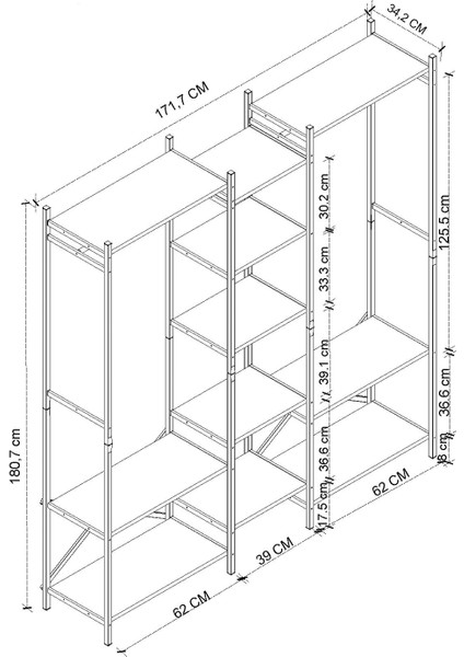 10 Raflı Metal Gardırop Metal Portmanto Açık Gardırop Elbise Dolabı Vestiyer Openix Çam