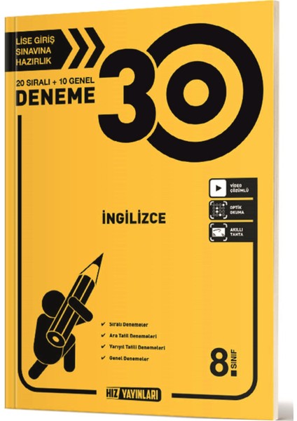 8. Sınıf İngilizce 30 Deneme Kitabı Ciltsiz Lise Giriş Sınavı Hazırlığı
