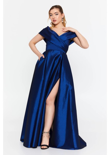 Kadın Düşük Omuz Derin Yırtmaçlı Maxi Abiye Elbise 8363 Saks