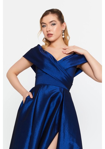 Kadın Düşük Omuz Derin Yırtmaçlı Maxi Abiye Elbise 8363 Saks modelleri