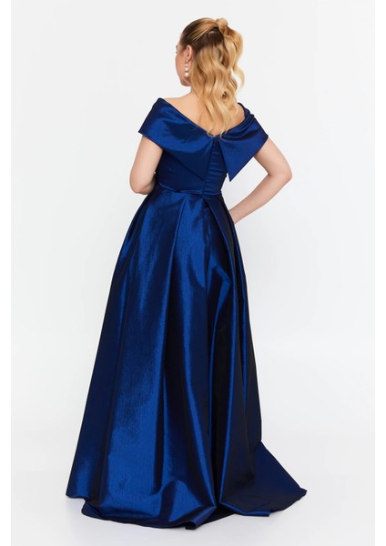 Kadın Düşük Omuz Derin Yırtmaçlı Maxi Abiye Elbise 8363 Saks fırsatları