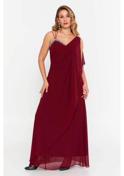 Kadın Büyük Beden Kolsuz Taş Detaylı Uzun Abiye Elbise 6671 Bordo