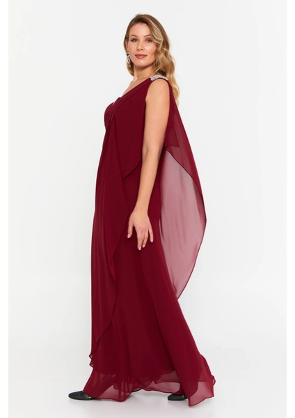 Kadın Büyük Beden Kolsuz Taş Detaylı Uzun Abiye Elbise 6671 Bordo fiyatları