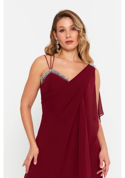 Kadın Büyük Beden Kolsuz Taş Detaylı Uzun Abiye Elbise 6671 Bordo modelleri