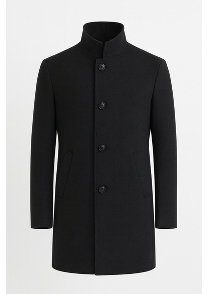 Bertolucci Dik Yaka Fit Kalıp Fileto Cepli Erkek Kaşe Kaban - Siyah