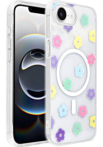 iPhone 16E Kılıf M-Safe Şarj Özellikli Şeffaf Zore Folk Sert Kapak - Papatya