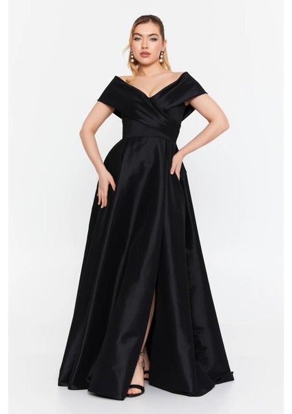 Kadın Düşük Omuz Derin Yırtmaçlı Maxi Abiye Elbise 8363 Siyah