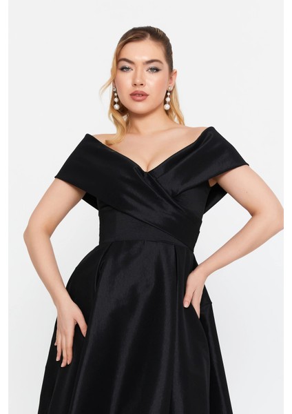 Kadın Düşük Omuz Derin Yırtmaçlı Maxi Abiye Elbise 8363 Siyah modelleri