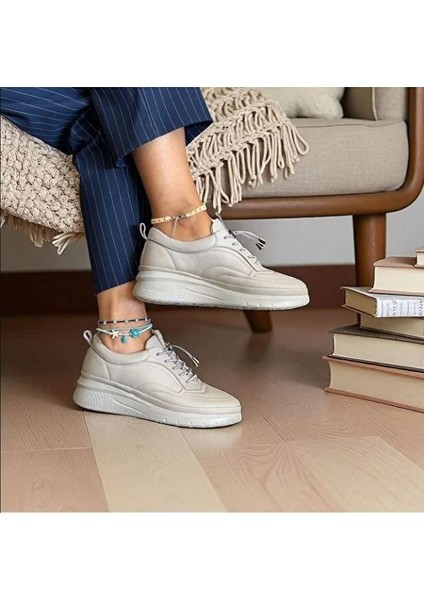 Taş Rengi Hakiki Deri Lastik Bağlı Kadın Günlük Rahat Spor Ayakkabı