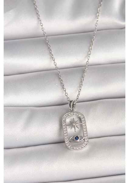 316L Çelik Gümüş Renk Zincir Zirkon Taşlı Göz Yıldız Model Kadın Kolye - PRT3500EB04541