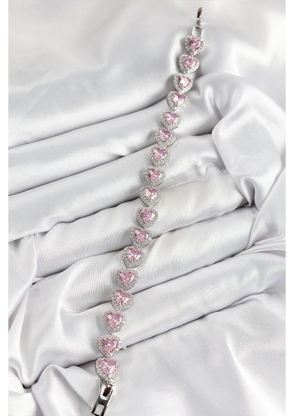 Pirinç Zirkon Taşlı Pembe Kalp Baget Model Gümüş Renk Vıp Seri Kadın Bileklik - PRT3500EB07853 fiyatları