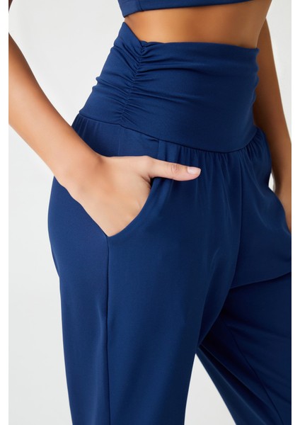 Lacivert Beli Lastikli Şalvar Görünümlü Harem Pantolon Yoga Joggers modelleri