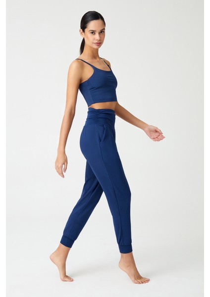 Lacivert Beli Lastikli Şalvar Görünümlü Harem Pantolon Yoga Joggers fırsatları