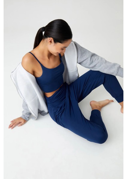 Lacivert Beli Lastikli Şalvar Görünümlü Harem Pantolon Yoga Joggers