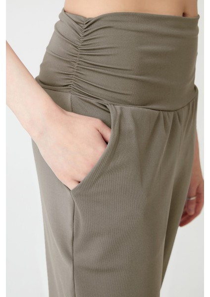 Haki Beli Lastikli Şalvar Görünümlü Harem Pantolon Yoga Joggers modelleri