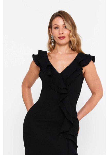 Kadın Büyük Beden Fırfır Detaylı Balık Form Abiye Elbise 8329 Siyah modelleri