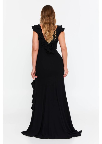 Kadın Büyük Beden Fırfır Detaylı Balık Form Abiye Elbise 8329 Siyah fırsatları