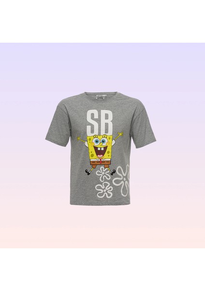 Sünger Bob Kare Pantolon Baskılı Bisiklet Yaka Gri Kadın Tişört