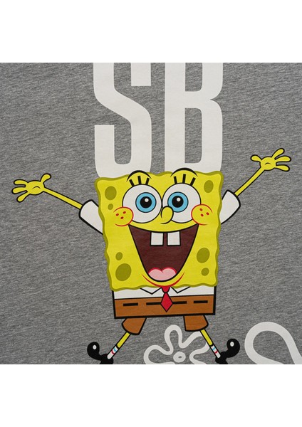 Sünger Bob Kare Pantolon Baskılı Bisiklet Yaka Gri Kadın Tişört modelleri