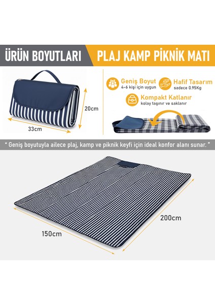 Piknik Örtüsü, Çanta Kamp Matı, Plaj Matı, Kum Tutmaz, Su Geçirmez 200X150CM - Mavi Çizgili fiyatları