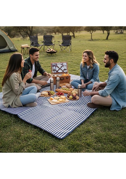 Piknik Örtüsü, Çanta Kamp Matı, Plaj Matı, Kum Tutmaz, Su Geçirmez 200X150CM - Mavi Çizgili modelleri