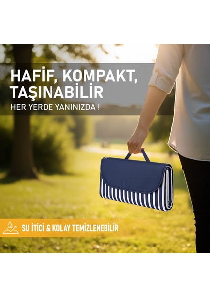 Piknik Örtüsü, Çanta Kamp Matı, Plaj Matı, Kum Tutmaz, Su Geçirmez 200X150CM - Mavi Çizgili fırsatları