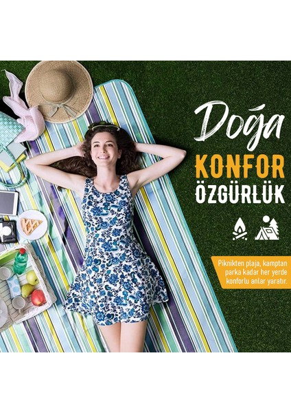 Piknik Örtüsü, Çanta Kamp Matı, Plaj Matı, Kum Tutmaz, Su Geçirmez 200X150CM - Mavi Çizgili