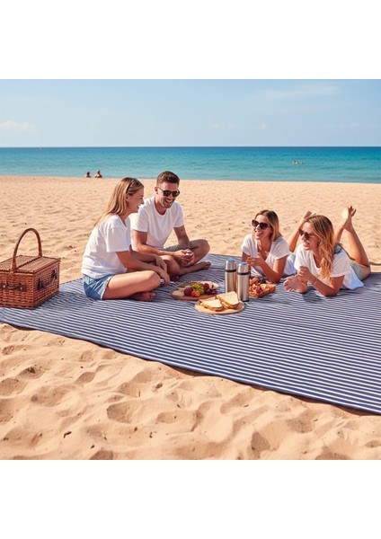Piknik Örtüsü, Çanta Kamp Matı, Plaj Matı, Kum Tutmaz, Su Geçirmez 200X150CM - Mavi Çizgili