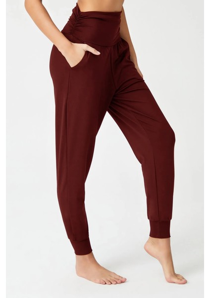 Bordo Beli Lastikli Şalvar Görünümlü Harem Pantolon Yoga Joggers