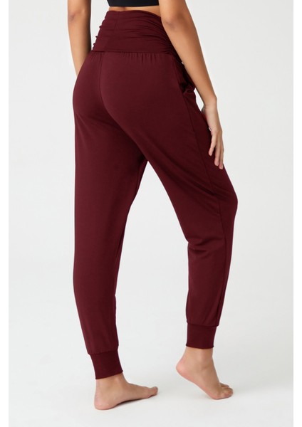 Bordo Beli Lastikli Şalvar Görünümlü Harem Pantolon Yoga Joggers fiyatları