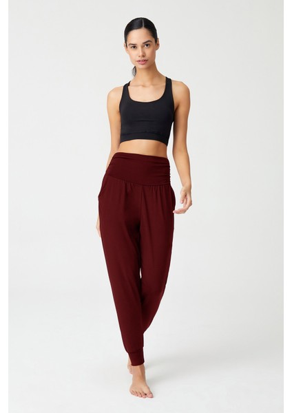 Bordo Beli Lastikli Şalvar Görünümlü Harem Pantolon Yoga Joggers modelleri