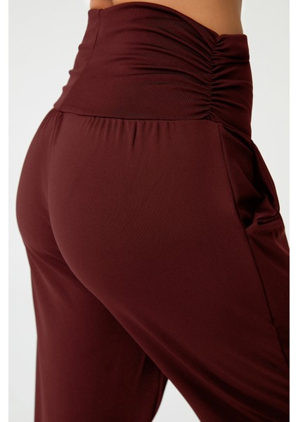 Bordo Beli Lastikli Şalvar Görünümlü Harem Pantolon Yoga Joggers fırsatları