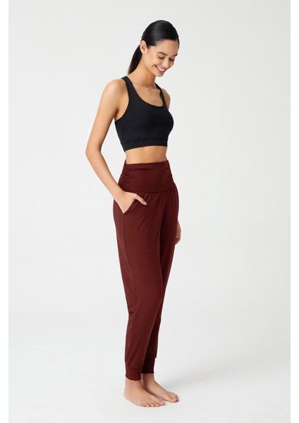 Bordo Beli Lastikli Şalvar Görünümlü Harem Pantolon Yoga Joggers indirimleri