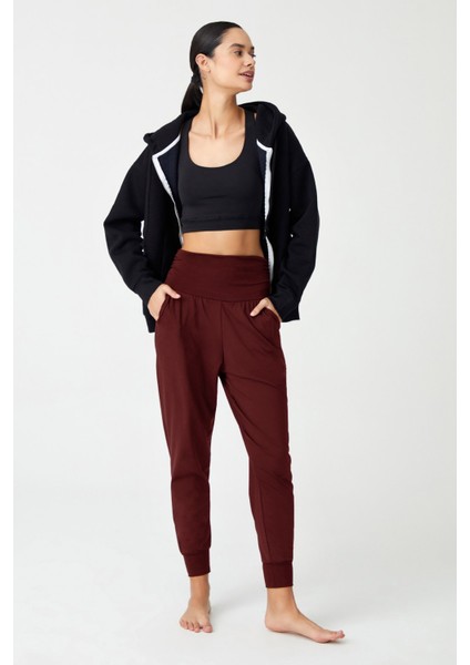 Bordo Beli Lastikli Şalvar Görünümlü Harem Pantolon Yoga Joggers