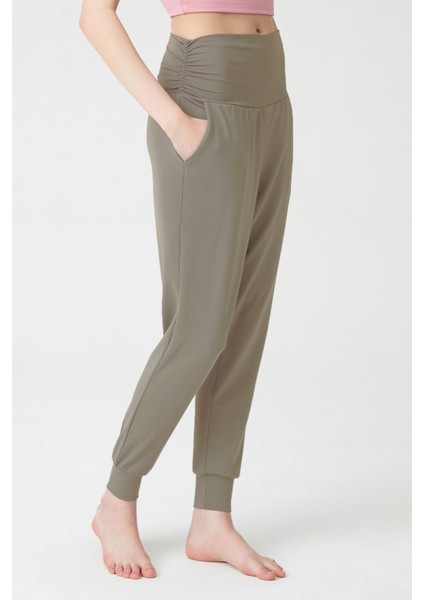 Haki Beli Lastikli Şalvar Görünümlü Harem Pantolon Yoga Joggers