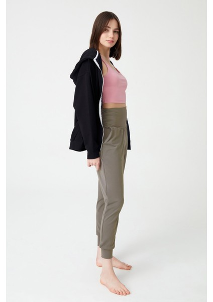 Haki Beli Lastikli Şalvar Görünümlü Harem Pantolon Yoga Joggers