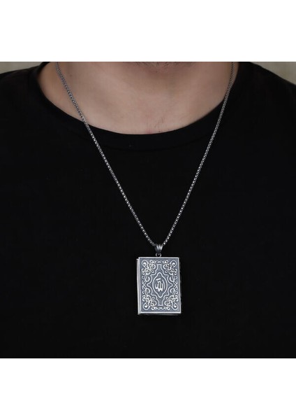 Içi Açıla Bilen Kare Allah Çevşen Muskalık Erkek 925 Ayar Gümüş Kolye