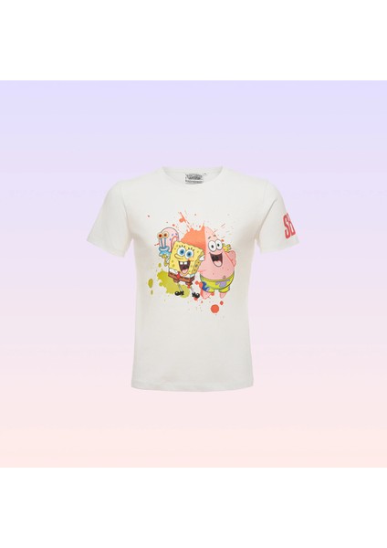 Sünger Bob Kare Pantolon ve Arkadaşları Baskılı Bisiklet Yaka Beyaz Kadın Tişört