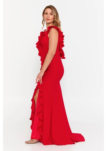 Kadın Büyük Beden Fırfır Detaylı Balık Form Abiye Elbise 8329 Kırmızı fiyatları