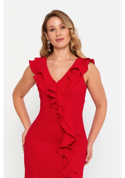 Kadın Büyük Beden Fırfır Detaylı Balık Form Abiye Elbise 8329 Kırmızı modelleri