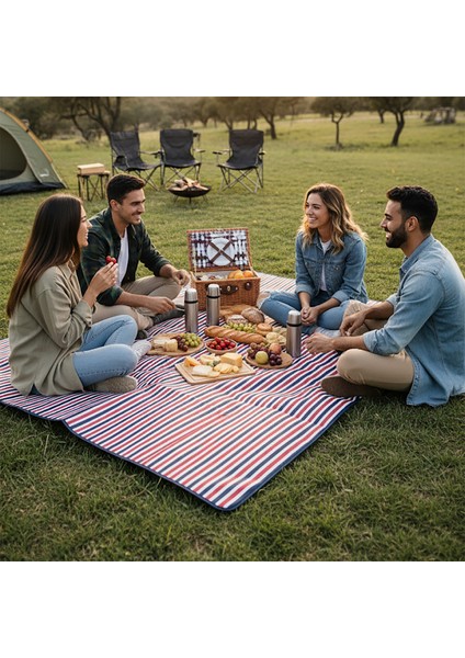 Piknik Örtüsü, Çanta Kamp Matı, Plaj, Kamp, Park Çim, Seyahat 200X150CM - Kırmızı Çizgili fırsatları