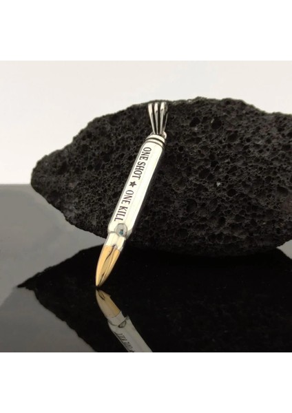 Mermi Tasarımlı One Shot One Kill Yazılı 925 Ayar Gümüş Erkek Kolye