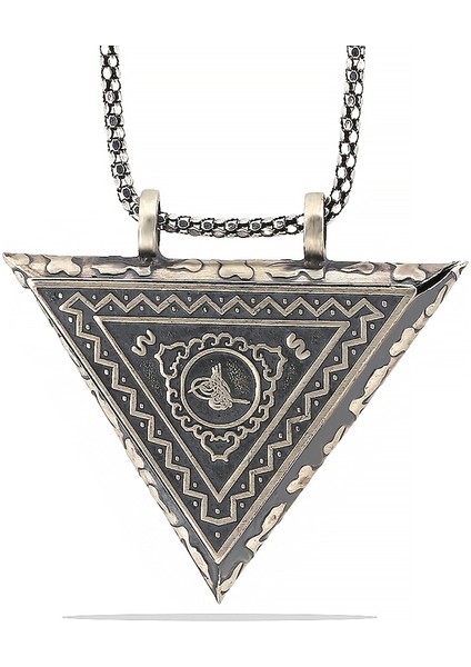 Açılabilen Üçgen Tugra Muskalıkçevşen Dualı Erkek 925 Ayar Gümüş Kolye