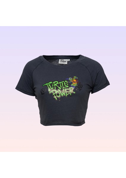 Genç Mutant Ninja Kaplumbağalar Leonardo Turtle Power Baskılı Bisiklet Yaka Gri Kadın Crop Tişört