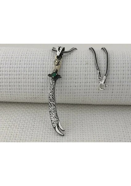 Yeşil Taşlı La Fetta Illa Ali La Seyfe Illa Zülfikar Yazılı 925 Ayar Gümüş Erkek Kolye