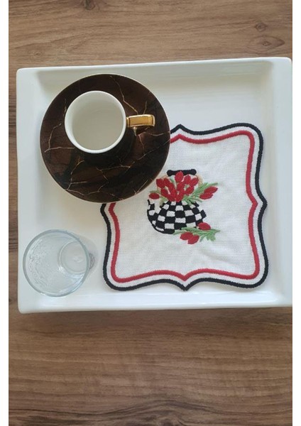 Çaycım Nakışlı Keten Kare Bardak Altlığı Seti 6 Lı