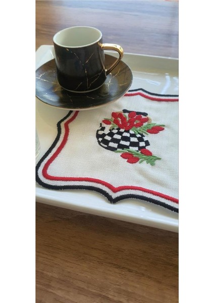 Çaycım Nakışlı Keten Kare Bardak Altlığı Seti 6 Lı modelleri